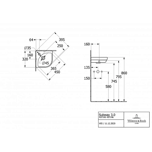 Раковина Villeroy & Boch Subway 3.0 32 x 32 см 437146R1 угловая Раковина Villeroy & Boch Subway 3.0 32 x 32 см 437146R1 угловая