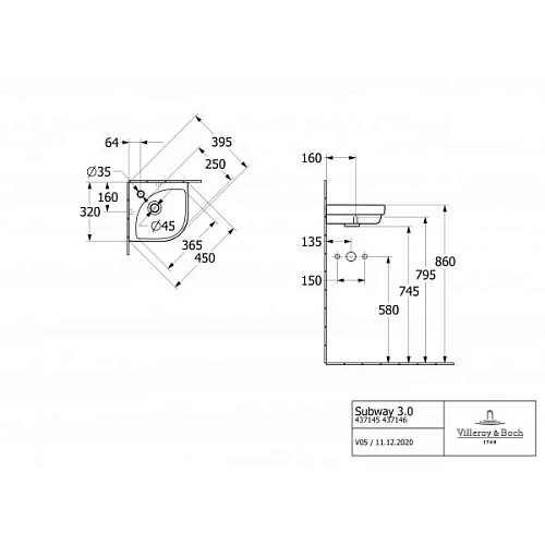 Раковина Villeroy & Boch Subway 3.0 32 x 32 см 437146R1 угловая Раковина Villeroy & Boch Subway 3.0 32 x 32 см 437146R1 угловая