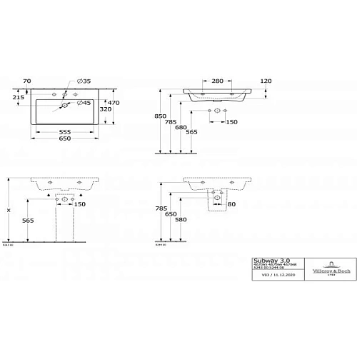 Раковина Villeroy & Boch Subway 3.0 65 x 47 см 4A706501 Раковина Villeroy & Boch Subway 3.0 65 x 47 см 4A706501