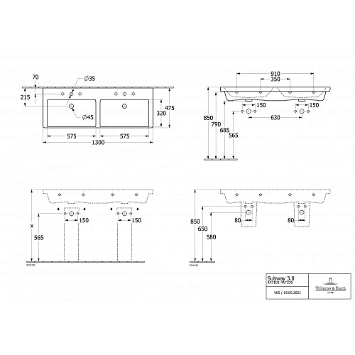 Раковина Villeroy & Boch Subway 3.0 двойная 130 x 47 см 4A71D5R1 Раковина Villeroy & Boch Subway 3.0 двойная 130 x 47 см 4A71D5R1