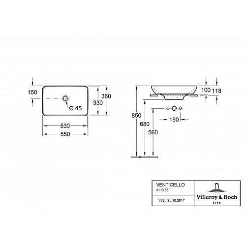 Раковина Villeroy & Boch Venticello 4113 55 R1 (411355R1) CeramicPlus (550х360 мм) Раковина Villeroy & Boch Venticello 4113 55 R1 (411355R1) CeramicPlus (550х360 мм)