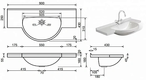 Раковина Эстет Куба ФР-00000783 900х430 накладная Раковина Эстет Куба ФР-00000783 900х430 накладная
