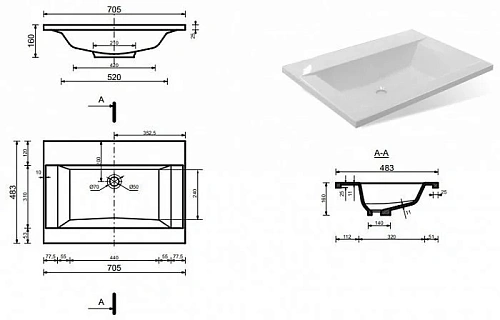 Раковина Эстет Рава 70 ФР-00002612 700х480 накладная Раковина Эстет Рава 70 ФР-00002612 700х480 накладная