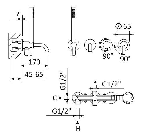 Смеситель для ванны CEZARES LEAF-VDIM3-D-L-NOP встраиваемый с переключателем на 3 выхода, с ручным душем, черный матовый Смеситель для ванны CEZARES LEAF-VDIM3-D-L-NOP встраиваемый с переключателем на 3 выхода, с ручным душем, черный матовый