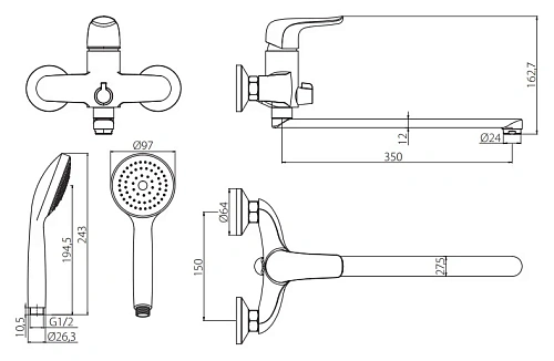Смеситель для ванны Damixa Palace Evo 429500000 с универсальным изливом 350 мм, ручным душем Смеситель для ванны Damixa Palace Evo 429500000 с универсальным изливом 350 мм, ручным душем