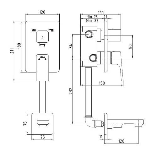 Смеситель для ванны E.C.A. Tiera 102101145EX скрытого монтажа Смеситель для ванны E.C.A. Tiera 102101145EX скрытого монтажа