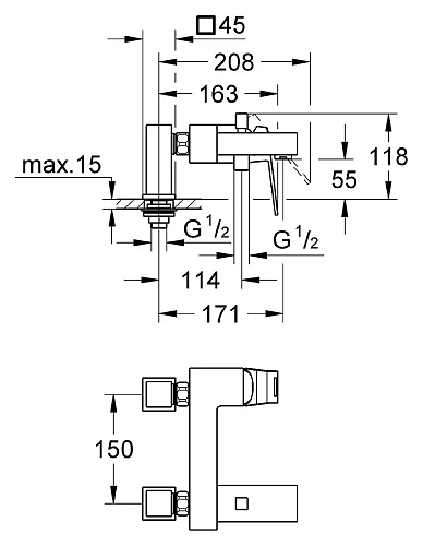 Смеситель для ванны GROHE Eurocube с вертикальными подключениями, хром (23143000) Смеситель для ванны GROHE Eurocube с вертикальными подключениями, хром (23143000)