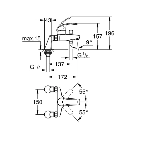 Смеситель для ванны GROHE Eurosmart New с вертикальными подключениями, хром (33303002) Смеситель для ванны GROHE Eurosmart New с вертикальными подключениями, хром (33303002)