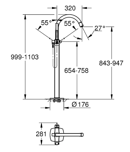 Смеситель для ванны GROHE Grandera с душевым гарнитуром, напольный, хром/золото (23318IG0) Смеситель для ванны GROHE Grandera с душевым гарнитуром, напольный, хром/золото (23318IG0)