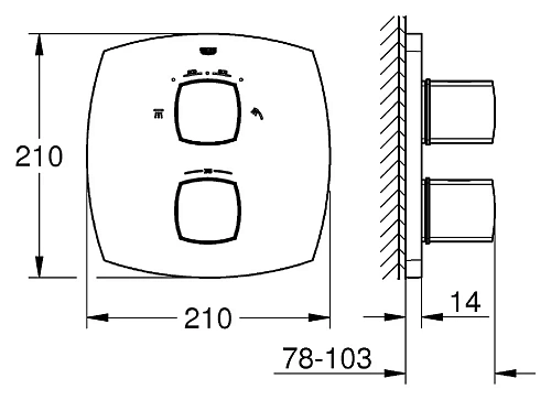Смеситель для ванны GROHE Grandera с переключателем, хром/золото (19948IG0) внешняя часть термостата Смеситель для ванны GROHE Grandera с переключателем, хром/золото (19948IG0) внешняя часть термостата