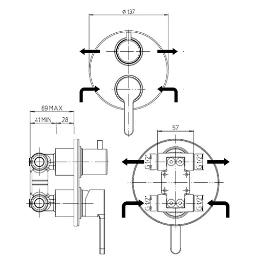 Смеситель для ванны Paini Arena 92CR691FTKM встраиваемый Смеситель для ванны Paini Arena 92CR691FTKM встраиваемый