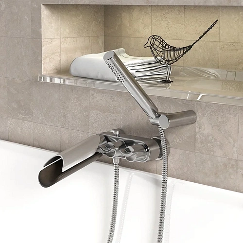 Смеситель для ванны Paini Morgana 73CR105LZKM с аксессуаром, хром, излив темное дерево Смеситель для ванны Paini Morgana 73CR105LZKM с аксессуаром, хром, излив темное дерево