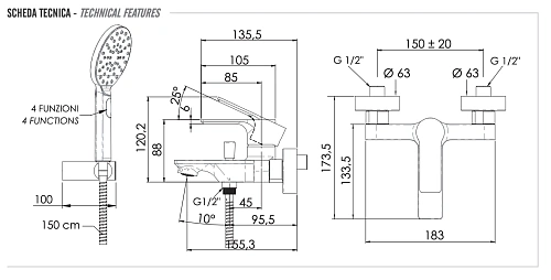 Смеситель для ванны Remer EY02XV, сталь Смеситель для ванны Remer EY02XV, сталь