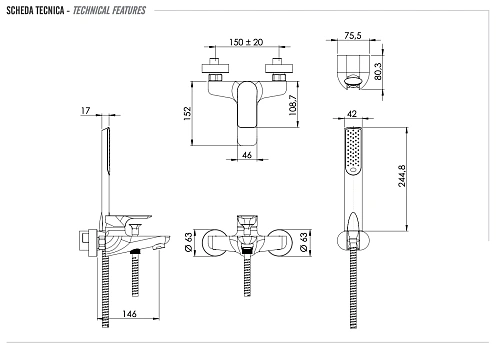 Смеситель для ванны Remer Infinity I02NO, черный матовый Смеситель для ванны Remer Infinity I02NO, черный матовый