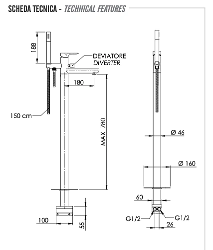 Смеситель для ванны Remer Infinity I08XV, сталь Смеситель для ванны Remer Infinity I08XV, сталь
