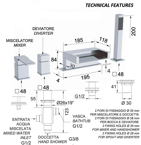 Смеситель для ванны Remer Qubika Cascata QC06 Смеситель для ванны Remer Qubika Cascata QC06