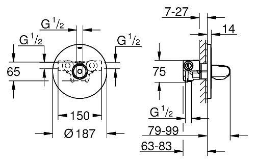 Смеситель для душа GROHE Grohtherm 1000 New центральный термостатический (внешняя и встраиваемая час 34573000 Смеситель для душа GROHE Grohtherm 1000 New центральный термостатический (внешняя и встраиваемая час 34573000