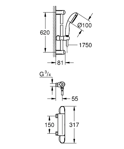 Смеситель для душа GROHE Grohtherm 1000, с душевым гарнитуром, хром (34819004) термостат Смеситель для душа GROHE Grohtherm 1000, с душевым гарнитуром, хром (34819004) термостат