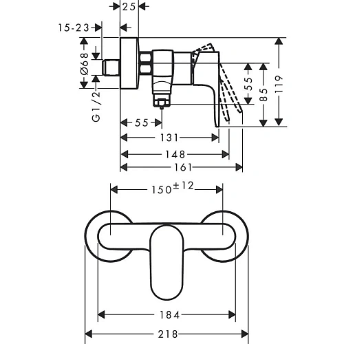 Смеситель для душа Hansgrohe Rebris S, внешнего монтажа, 2 режима расхода воды 72643670, матовый чер Смеситель для душа Hansgrohe Rebris S, внешнего монтажа, 2 режима расхода воды 72643670, матовый чер