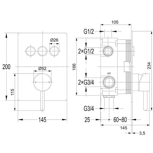 Смеситель для душа OMNIRES YGoClick Y1237GCCR хром скрытого монтажа Смеситель для душа OMNIRES YGoClick Y1237GCCR хром скрытого монтажа