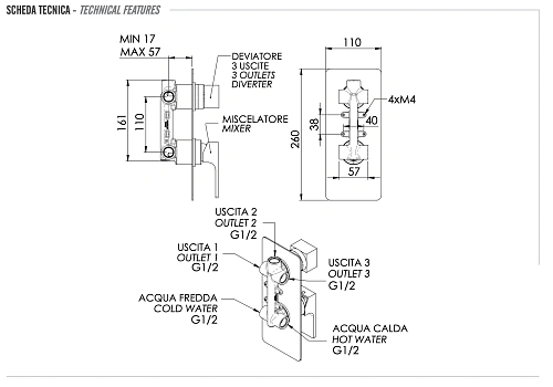Смеситель для душа Remer Absolute AU93BG, золото брашированное Смеситель для душа Remer Absolute AU93BG, золото брашированное