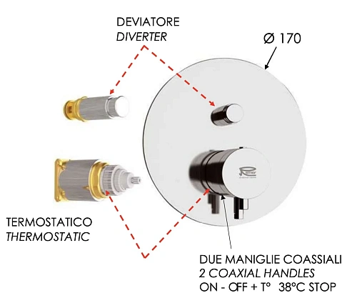 Смеситель для душа Remer Elegance NT09KBBG термостатический, золото брашированное Смеситель для душа Remer Elegance NT09KBBG термостатический, золото брашированное