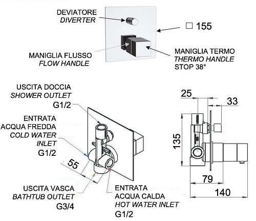 Смеситель для душа Remer Q-Elegance QT09 термостатический Смеситель для душа Remer Q-Elegance QT09 термостатический