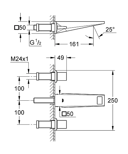 Смеситель для раковины GROHE Allure Brilliant на 3 отверстия, настенный монтаж, вынос 161 мм, (20346 20346DC0 Смеситель для раковины GROHE Allure Brilliant на 3 отверстия, настенный монтаж, вынос 161 мм, (20346 20346DC0