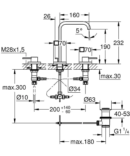 Смеситель для раковины GROHE Allure с донным клапаном и длинными рукоятками на 3 отверстия, хром (20 20188000 Смеситель для раковины GROHE Allure с донным клапаном и длинными рукоятками на 3 отверстия, хром (20 20188000