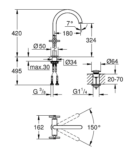 Смеситель для раковины GROHE Atrio New, для свободностоящих раковин (21044DC3) на 1 отверстие Смеситель для раковины GROHE Atrio New, для свободностоящих раковин (21044DC3) на 1 отверстие