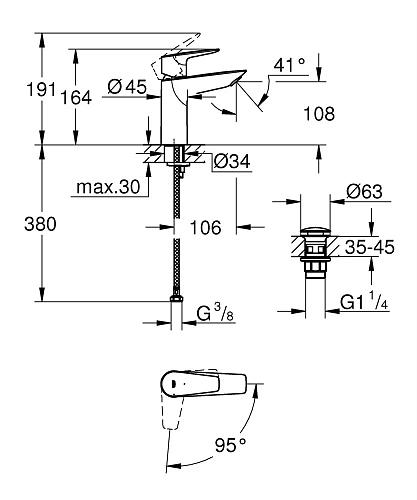 Смеситель для раковины GROHE BauEdge с нажимным донным клапаном, M-Size, хром (23908001) Смеситель для раковины GROHE BauEdge с нажимным донным клапаном, M-Size, хром (23908001)
