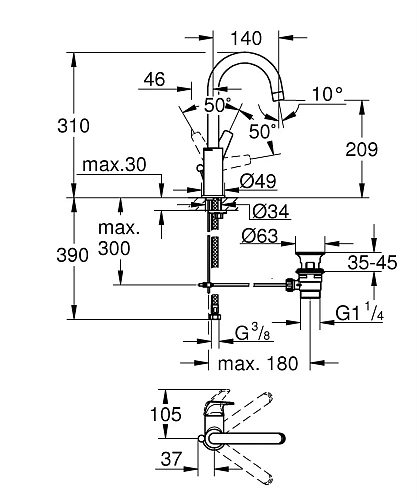 Смеситель для раковины GROHE BauFlow с донным клапаном, L-Size, хром (23753000) Смеситель для раковины GROHE BauFlow с донным клапаном, L-Size, хром (23753000)
