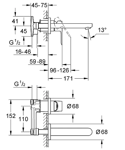 Смеситель для раковины GROHE BauLoop на 2 отверстия, настенный монтаж, хром (20289000) Смеситель для раковины GROHE BauLoop на 2 отверстия, настенный монтаж, хром (20289000)
