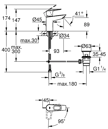 Смеситель для раковины GROHE BauLoop с рычажным донным клапаном, размер S, хром (22054001) Смеситель для раковины GROHE BauLoop с рычажным донным клапаном, размер S, хром (22054001)