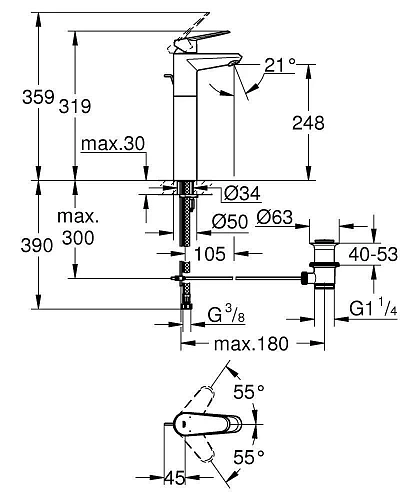 Смеситель для раковины GROHE Eurodisc Cosmopolitan с донным клапаном, свободностоящий, хром (2305500 23055002 Смеситель для раковины GROHE Eurodisc Cosmopolitan с донным клапаном, свободностоящий, хром (2305500 23055002