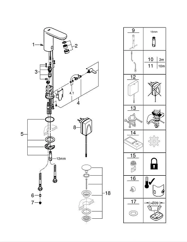 Смеситель для раковины GROHE Eurosmart Cosmopolitan E (220 В), хром (36325001) инфракрасный Смеситель для раковины GROHE Eurosmart Cosmopolitan E (220 В), хром (36325001) инфракрасный