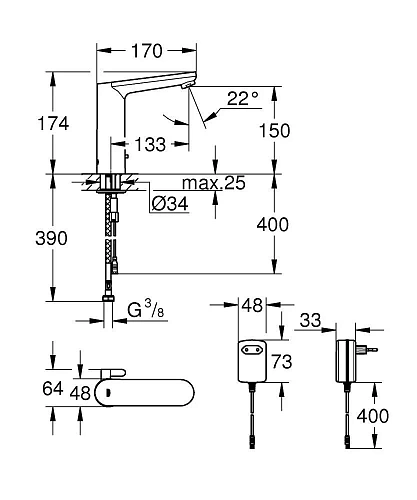 Смеситель для раковины GROHE Eurosmart Cosmopolitan E, 230V, L-размер, хром (36421000) инфракрасный Смеситель для раковины GROHE Eurosmart Cosmopolitan E, 230V, L-размер, хром (36421000) инфракрасный