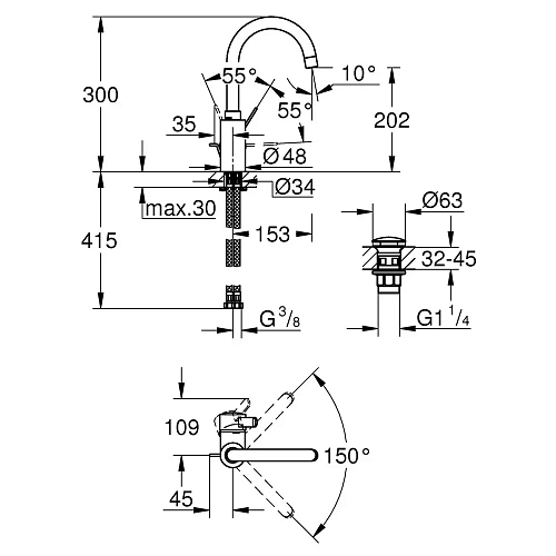 Смеситель для раковины GROHE Eurosmart Cosmopolitan с нажимным сливным гарнитуром, L-Size, хром (239 23933001 Смеситель для раковины GROHE Eurosmart Cosmopolitan с нажимным сливным гарнитуром, L-Size, хром (239 23933001