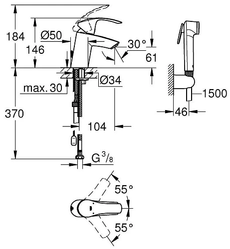 Смеситель для раковины GROHE Eurosmart New с цепочкой и Гигиенический душем, хром (23124002) Смеситель для раковины GROHE Eurosmart New с цепочкой и Гигиенический душем, хром (23124002)