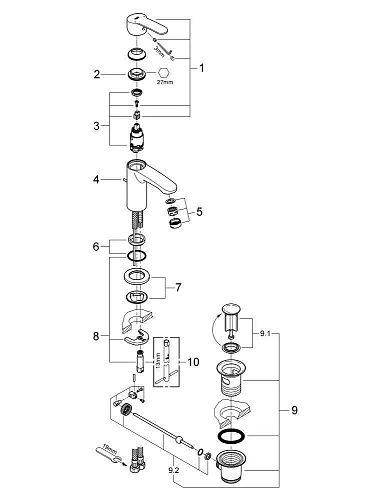 Смеситель для раковины GROHE Eurostyle Cosmopolitan с донным клапаном, уменьшенный, хром (23037002) Смеситель для раковины GROHE Eurostyle Cosmopolitan с донным клапаном, уменьшенный, хром (23037002)