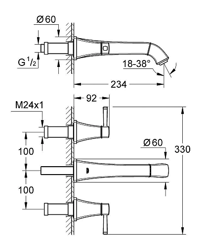 Смеситель для раковины GROHE Grandera на 3 отверстия (вынос 234 мм), хром (20415000) внешняя часть Смеситель для раковины GROHE Grandera на 3 отверстия (вынос 234 мм), хром (20415000) внешняя часть