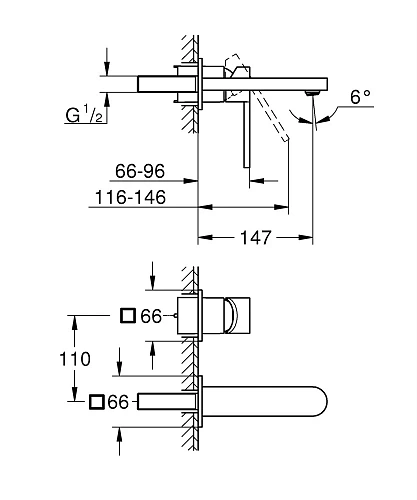 Смеситель для раковины GROHE Plus, настенный монтаж, M-Size (29303003) Смеситель для раковины GROHE Plus, настенный монтаж, M-Size (29303003)