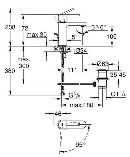 Смеситель для раковины GROHE Plus, со сливным гарнитуром, с энергосберегающей функцией, S-Size (2387 23870003 Смеситель для раковины GROHE Plus, со сливным гарнитуром, с энергосберегающей функцией, S-Size (2387 23870003