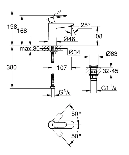 Смеситель для раковины GROHE Start Edge с донным клапаном, M-Size, хром (23775000) Смеситель для раковины GROHE Start Edge с донным клапаном, M-Size, хром (23775000)
