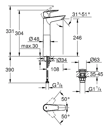 Смеситель для раковины GROHE Start Edge, размер XL, хром (23777001) Смеситель для раковины GROHE Start Edge, размер XL, хром (23777001)