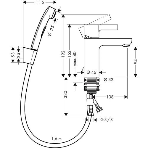 Смеситель для раковины hansgrohe Metris S с Гигиенический душем, хром 31160000 Смеситель для раковины hansgrohe Metris S с Гигиенический душем, хром 31160000