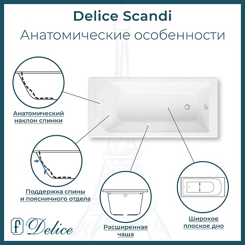 Ванна из искусственного камня Delice Scandi 150х70 DLR330023R-G с ручками хром, глянцевая Ванна из искусственного камня Delice Scandi 150х70 DLR330023R-G с ручками хром, глянцевая