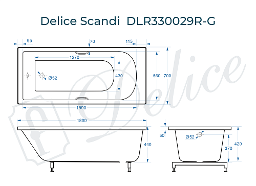 Ванна из искусственного камня Delice Scandi 180х70 DLR330029R-G с ручками хром, глянцевая Ванна из искусственного камня Delice Scandi 180х70 DLR330029R-G с ручками хром, глянцевая