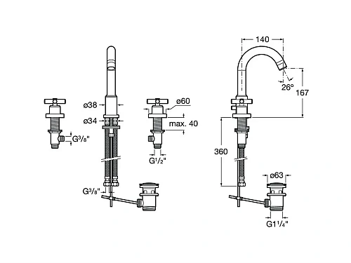 Смеситель для раковины ROCA Loft3 отверстия, поворотный излив, с донным клапаном 5A4443C00 Смеситель для раковины ROCA Loft3 отверстия, поворотный излив, с донным клапаном 5A4443C00