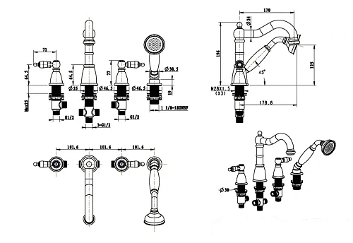 Смеситель на борт ванны Boheme ROYAL 395-Royal 4 отверстия, золото Смеситель на борт ванны Boheme ROYAL 395-Royal 4 отверстия, золото